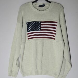 Vintage 90s Faded Glory American Flag Sweater Cream Medium Americano Old Glory